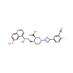 COc1ccc2nccc([C@@H](O)CC[C@@H]3CCN(C4CC(c5ccc(F)c(C#N)c5)C4)C[C@@H]3C(=O)O)c2c1 ZINC000096905549