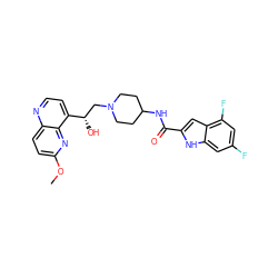 COc1ccc2nccc([C@@H](O)CN3CCC(NC(=O)c4cc5c(F)cc(F)cc5[nH]4)CC3)c2n1 ZINC000045167642