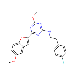 COc1ccc2oc(-c3nc(NCCc4ccc(F)cc4)nc(OC)n3)cc2c1 ZINC000206750753