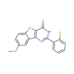 COc1ccc2oc3c(=O)[nH]c(-c4ccccc4Cl)nc3c2c1 ZINC000084711175