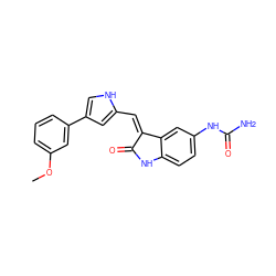 COc1cccc(-c2c[nH]c(/C=C3\C(=O)Nc4ccc(NC(N)=O)cc43)c2)c1 ZINC000014962698