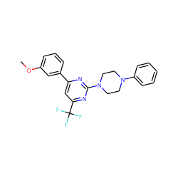 COc1cccc(-c2cc(C(F)(F)F)nc(N3CCN(c4ccccc4)CC3)n2)c1 ZINC000004034671