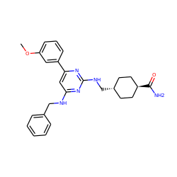 COc1cccc(-c2cc(NCc3ccccc3)nc(NC[C@H]3CC[C@H](C(N)=O)CC3)n2)c1 ZINC000299840930