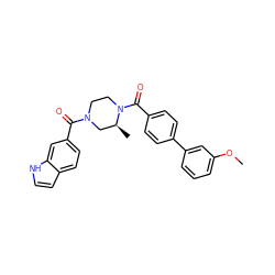 COc1cccc(-c2ccc(C(=O)N3CCN(C(=O)c4ccc5cc[nH]c5c4)C[C@@H]3C)cc2)c1 ZINC000049037292