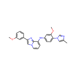 COc1cccc(-c2cn3cccc(Nc4ccc(-n5cnc(C)c5)c(OC)c4)c3n2)c1 ZINC000095577078