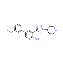 COc1cccc(-c2cnc(N)c(-c3nnc(C4CCNCC4)o3)c2)c1 ZINC000142833890