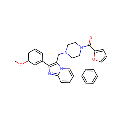 COc1cccc(-c2nc3ccc(-c4ccccc4)cn3c2CN2CCN(C(=O)c3ccco3)CC2)c1 ZINC000037384759