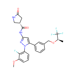 COc1cccc(-n2nc(NC(=O)[C@@H]3CNC(=O)C3)cc2-c2cccc(CO[C@H](C)C(F)(F)F)c2)c1F ZINC000169707391