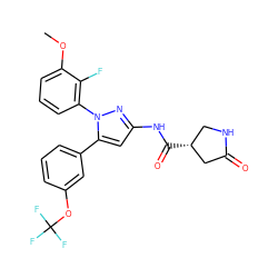 COc1cccc(-n2nc(NC(=O)[C@@H]3CNC(=O)C3)cc2-c2cccc(OC(F)(F)F)c2)c1F ZINC000169707384