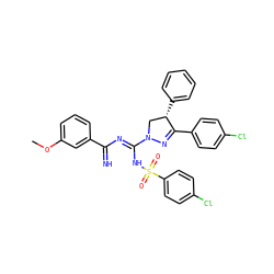 COc1cccc(C(=N)N=C(NS(=O)(=O)c2ccc(Cl)cc2)N2C[C@H](c3ccccc3)C(c3ccc(Cl)cc3)=N2)c1 ZINC001772585894