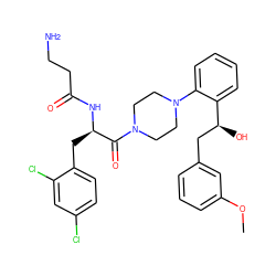 COc1cccc(C[C@H](O)c2ccccc2N2CCN(C(=O)[C@@H](Cc3ccc(Cl)cc3Cl)NC(=O)CCN)CC2)c1 ZINC000044359099