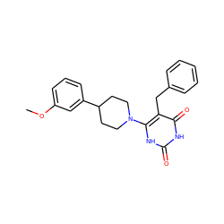 COc1cccc(C2CCN(c3[nH]c(=O)[nH]c(=O)c3Cc3ccccc3)CC2)c1 ZINC000028708044