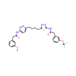 COc1cccc(CC(=O)Nc2ccc(CCCCc3nnc(NC(=O)Cc4cccc(OC(F)(F)F)c4)s3)nn2)c1 ZINC000169698627