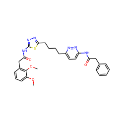 COc1cccc(CC(=O)Nc2nnc(CCCCc3ccc(NC(=O)Cc4ccccc4)nn3)s2)c1OC ZINC000169698294