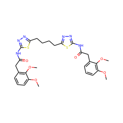 COc1cccc(CC(=O)Nc2nnc(CCCCc3nnc(NC(=O)Cc4cccc(OC)c4OC)s3)s2)c1OC ZINC000169698094