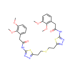 COc1cccc(CC(=O)Nc2nnc(CCSCCc3nnc(NC(=O)Cc4cccc(OC)c4OC)s3)s2)c1OC ZINC000169698092