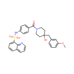 COc1cccc(CC2(O)CCN(C(=O)c3ccc(NS(=O)(=O)c4cccc5cccnc45)cc3)CC2)c1 ZINC000220701265