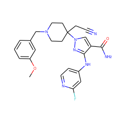 COc1cccc(CN2CCC(CC#N)(n3cc(C(N)=O)c(Nc4ccnc(F)c4)n3)CC2)c1 ZINC000219271999