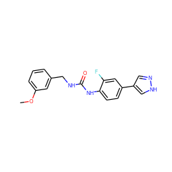 COc1cccc(CNC(=O)Nc2ccc(-c3cn[nH]c3)cc2F)c1 ZINC000145311339
