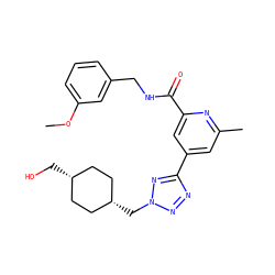 COc1cccc(CNC(=O)c2cc(-c3nnn(C[C@H]4CC[C@@H](CO)CC4)n3)cc(C)n2)c1 ZINC000653707388