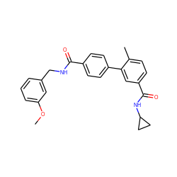 COc1cccc(CNC(=O)c2ccc(-c3cc(C(=O)NC4CC4)ccc3C)cc2)c1 ZINC000040402447