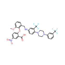 COc1cccc(CNc2ccc(N3CCN(c4cccc(C(F)(F)F)c4)CC3)c(C(F)(F)F)c2)c1Oc1ccc([N+](=O)[O-])cc1C(=O)O ZINC000003939834