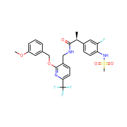 COc1cccc(COc2nc(C(F)(F)F)ccc2CNC(=O)[C@@H](C)c2ccc(NS(C)(=O)=O)c(F)c2)c1 ZINC000096270998