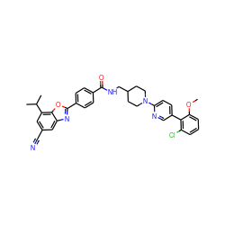 COc1cccc(Cl)c1-c1ccc(N2CCC(CNC(=O)c3ccc(-c4nc5cc(C#N)cc(C(C)C)c5o4)cc3)CC2)nc1 ZINC000066104426