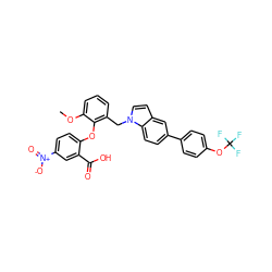 COc1cccc(Cn2ccc3cc(-c4ccc(OC(F)(F)F)cc4)ccc32)c1Oc1ccc([N+](=O)[O-])cc1C(=O)O ZINC000072125788