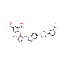 COc1cccc(Cn2ccc3cc(N4CCN(c5cccc(C(F)(F)F)c5)CC4)ccc32)c1Oc1ccc([N+](=O)[O-])cc1C(=O)O ZINC000072123534
