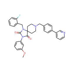 COc1cccc(N2C(=O)N(Cc3ccccc3F)C3(CCN(Cc4ccc(-c5cccnc5)cc4)CC3)C2=O)c1 ZINC000028704490