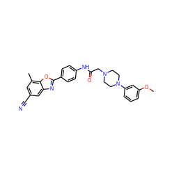 COc1cccc(N2CCN(CC(=O)Nc3ccc(-c4nc5cc(C#N)cc(C)c5o4)cc3)CC2)c1 ZINC000066105074