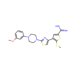 COc1cccc(N2CCN(c3nc(-c4cc(C(=N)N)sc4SC)cs3)CC2)c1 ZINC000028000350