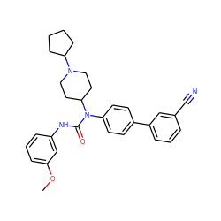 COc1cccc(NC(=O)N(c2ccc(-c3cccc(C#N)c3)cc2)C2CCN(C3CCCC3)CC2)c1 ZINC000013648083