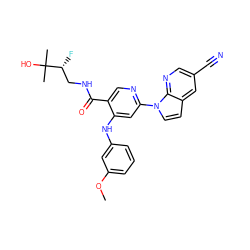 COc1cccc(Nc2cc(-n3ccc4cc(C#N)cnc43)ncc2C(=O)NC[C@@H](F)C(C)(C)O)c1 ZINC001772590757