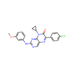 COc1cccc(Nc2ncc3nc(-c4ccc(Cl)cc4)c(=O)n(C4CC4)c3n2)c1 ZINC000004238961