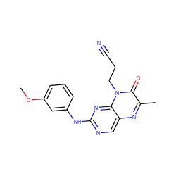 COc1cccc(Nc2ncc3nc(C)c(=O)n(CCC#N)c3n2)c1 ZINC000004238446