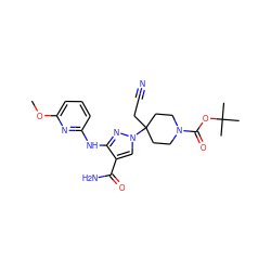 COc1cccc(Nc2nn(C3(CC#N)CCN(C(=O)OC(C)(C)C)CC3)cc2C(N)=O)n1 ZINC000222095790