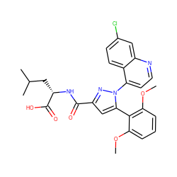 COc1cccc(OC)c1-c1cc(C(=O)N[C@@H](CC(C)C)C(=O)O)nn1-c1ccnc2cc(Cl)ccc12 ZINC000040848549