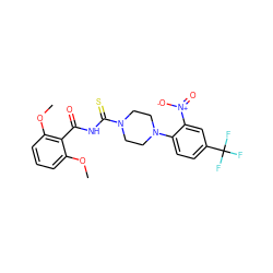 COc1cccc(OC)c1C(=O)NC(=S)N1CCN(c2ccc(C(F)(F)F)cc2[N+](=O)[O-])CC1 ZINC000008666230