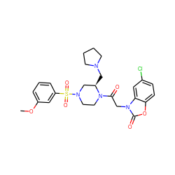 COc1cccc(S(=O)(=O)N2CCN(C(=O)Cn3c(=O)oc4ccc(Cl)cc43)[C@H](CN3CCCC3)C2)c1 ZINC000049881895