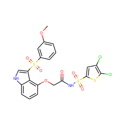 COc1cccc(S(=O)(=O)c2c[nH]c3cccc(OCC(=O)NS(=O)(=O)c4cc(Cl)c(Cl)s4)c23)c1 ZINC000044403954