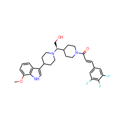 COc1cccc2c(C3CCN([C@@H](CO)C4CCN(C(=O)/C=C/c5cc(F)c(F)c(F)c5)CC4)CC3)c[nH]c12 ZINC000029044512