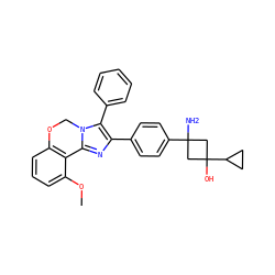 COc1cccc2c1-c1nc(-c3ccc(C4(N)CC(O)(C5CC5)C4)cc3)c(-c3ccccc3)n1CO2 ZINC000169703869