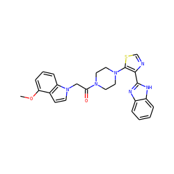 COc1cccc2c1ccn2CC(=O)N1CCN(c2scnc2-c2nc3ccccc3[nH]2)CC1 ZINC000143692919