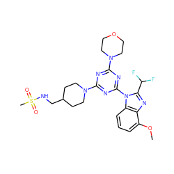 COc1cccc2c1nc(C(F)F)n2-c1nc(N2CCOCC2)nc(N2CCC(CNS(C)(=O)=O)CC2)n1 ZINC000139018182