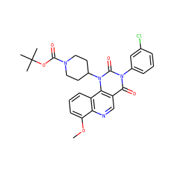 COc1cccc2c1ncc1c(=O)n(-c3cccc(Cl)c3)c(=O)n(C3CCN(C(=O)OC(C)(C)C)CC3)c12 ZINC000117788012