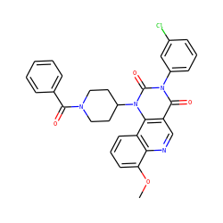 COc1cccc2c1ncc1c(=O)n(-c3cccc(Cl)c3)c(=O)n(C3CCN(C(=O)c4ccccc4)CC3)c12 ZINC000117803537