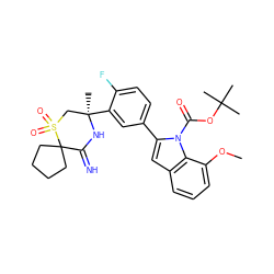 COc1cccc2cc(-c3ccc(F)c([C@]4(C)CS(=O)(=O)C5(CCCC5)C(=N)N4)c3)n(C(=O)OC(C)(C)C)c12 ZINC000146640214