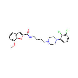 COc1cccc2cc(C(=O)NCCCCN3CCN(c4cccc(Cl)c4Cl)CC3)oc12 ZINC000013492671